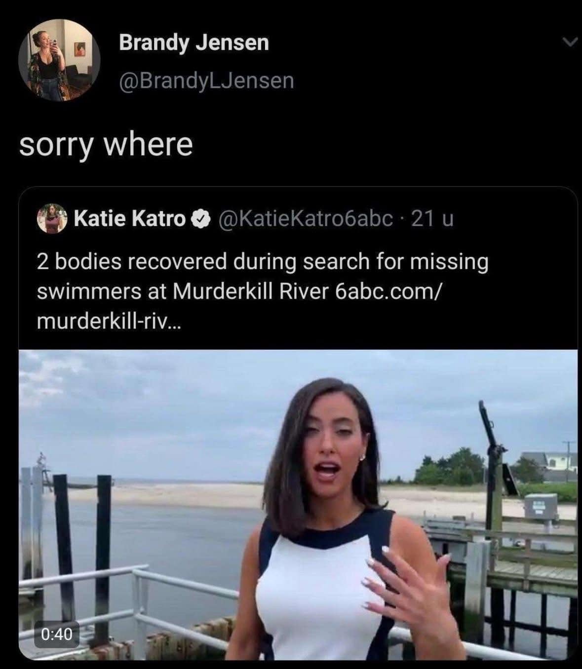 A funny tweet from a user who is reacting to the shocking and horribly named "Murderkill River" from a local news report that she is watching.