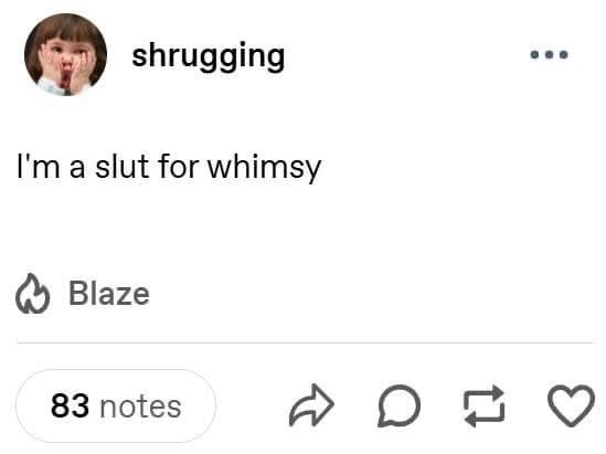 A short, funny, and relatable Tumblr post where a user simply and proudly declares to the world, "I'm a slut for whimsy."
