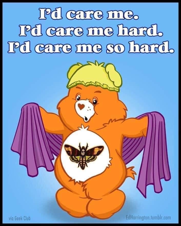 A bizarre and creepy crossover meme of an orange Care Bear and the horror movie The Silence of the Lambs, with a famous misquote from the film.