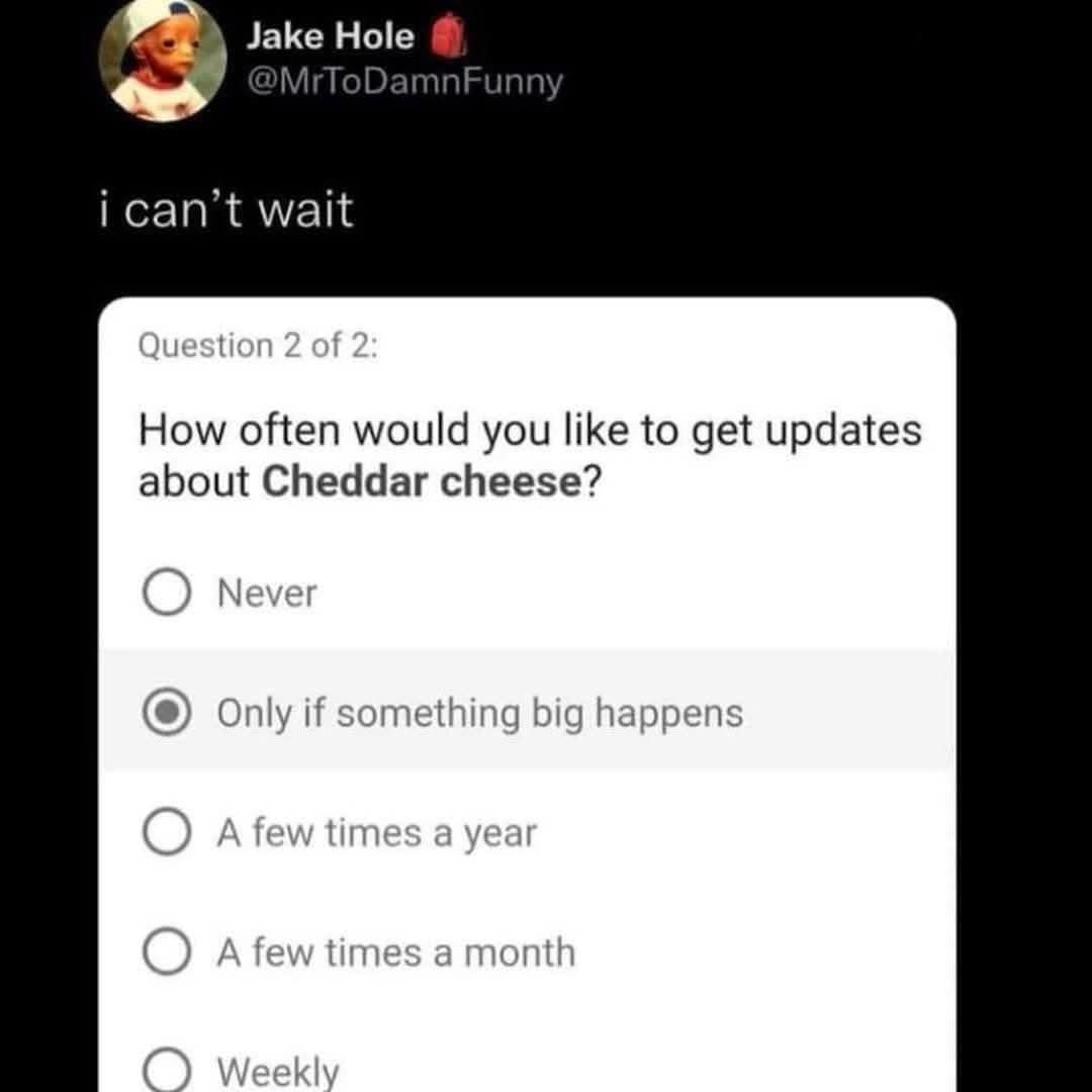 A funny survey question about cheddar cheese news, with the option "Only if something big happens" selected.