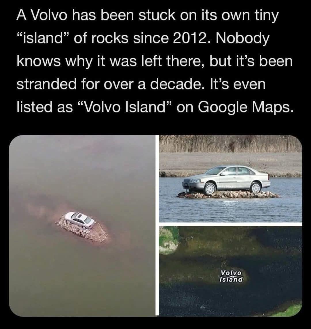 A fascinating post about a silver Volvo sedan that has been stranded on a tiny rock island since 2012 and is now a landmark on Google Maps.