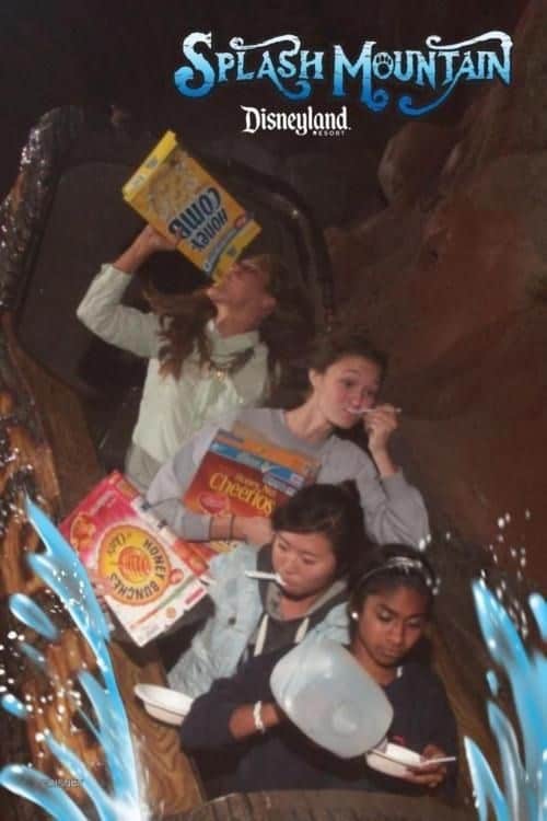 A funny Splash Mountain photo of four friends who are all casually eating bowls of different cereal during the big drop.