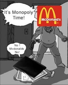 A McDonalds Monopoly meme showing the brand as a home invader forcing a wallet to give up its money.