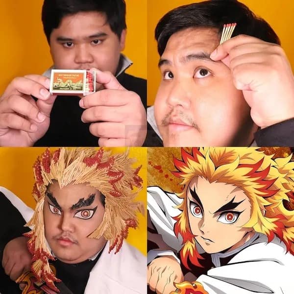 Four-panel low cost cosplay transformation using matchsticks to recreate Rengoku from Demon Slayer; before-and-after close-ups.