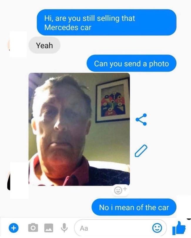 A funny messenger chat where a man selling a car sends a selfie instead of a photo of the vehicle.