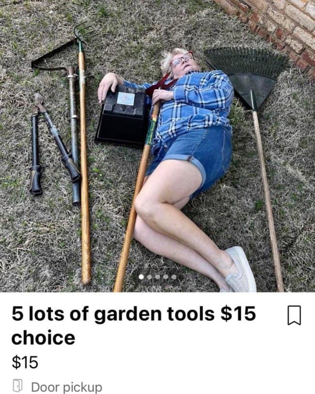 A bizarre Facebook Marketplace listing for garden tools featuring a woman playing dead in the photo.