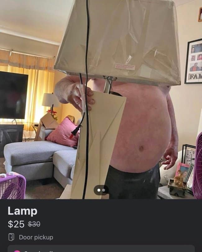 A funny Facebook Marketplace listing for a lamp with a cursed photo of the shirtless seller.