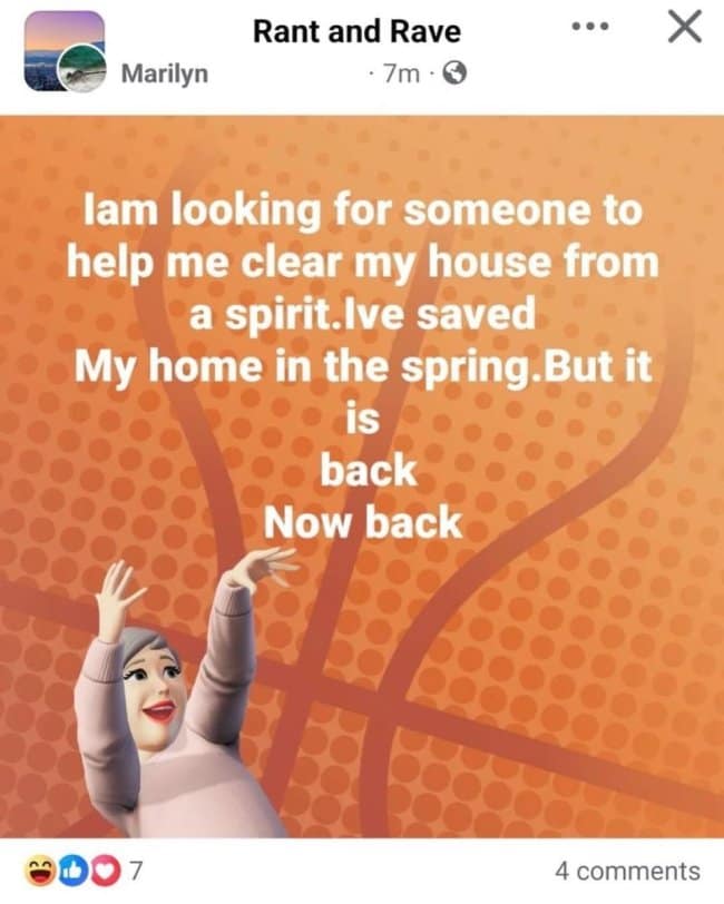 A hilarious Facebook post from a woman asking for a ghost hunter using a random basketball-themed background.
