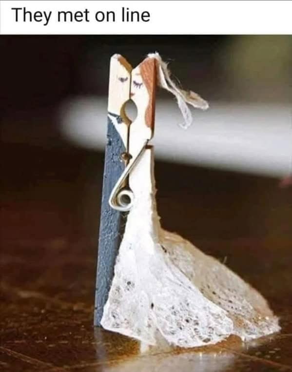 Two painted clothespins posed like a bride and groom; caption: “They met on line.”