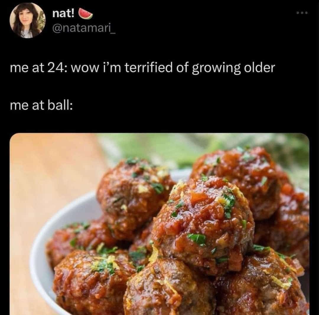A funny pun meme that uses a picture of meatballs as a visual pun for "me at ball."