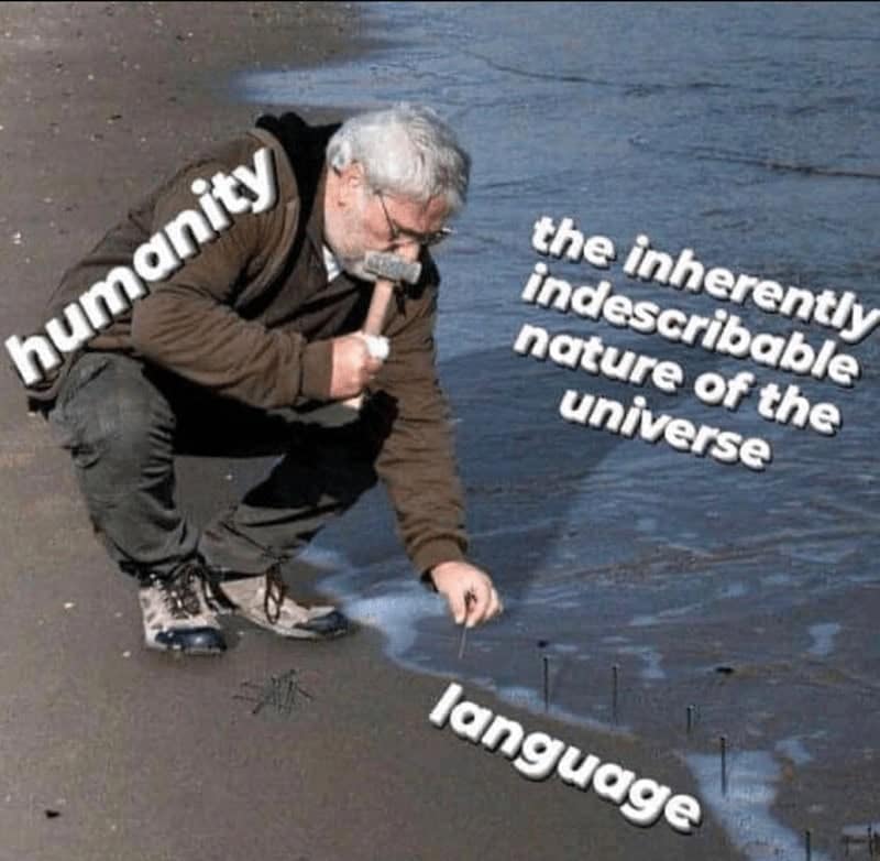 A smart and philosophical meme about humanity's futile attempt to describe the indescribable universe using only language.