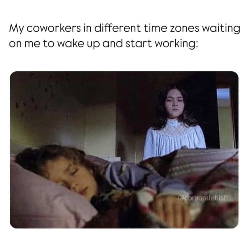 Child sleeping as another child stands creepily beside the bed, echoing coworkers waiting in different time zones.