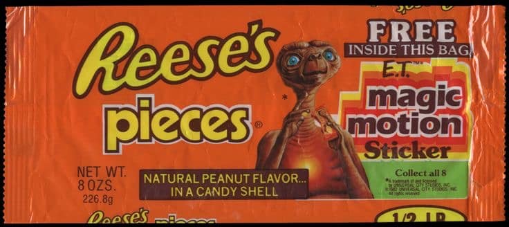 Classic Reese's Pieces packaging from the 80s featuring the movie E.T., a truly nostalgic candy