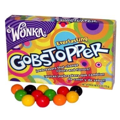 A box of Wonka Everlasting Gobstoppers, the color-changing jawbreaker 80s candy.