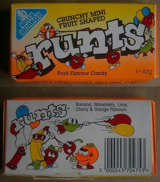 Vintage Willy Wonka Runts box, the fruit-shaped hard 80s candy in original packaging designs