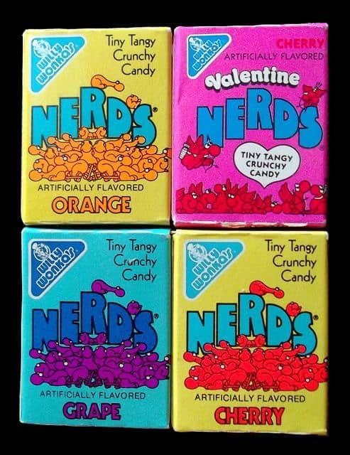 Several classic boxes of Willy Wonka Nerds, the tiny tangy crunchy 80s candy sensation