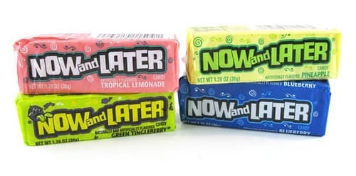 Various flavors of Now and Later chewy candy squares, a staple 80s candy known for being tough
