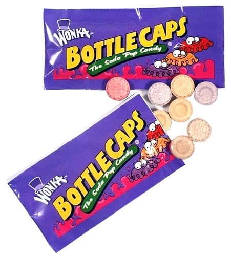 Vintage packaging for Wonka Bottle Caps, the soda pop flavored nostalgic candy from the 80s.