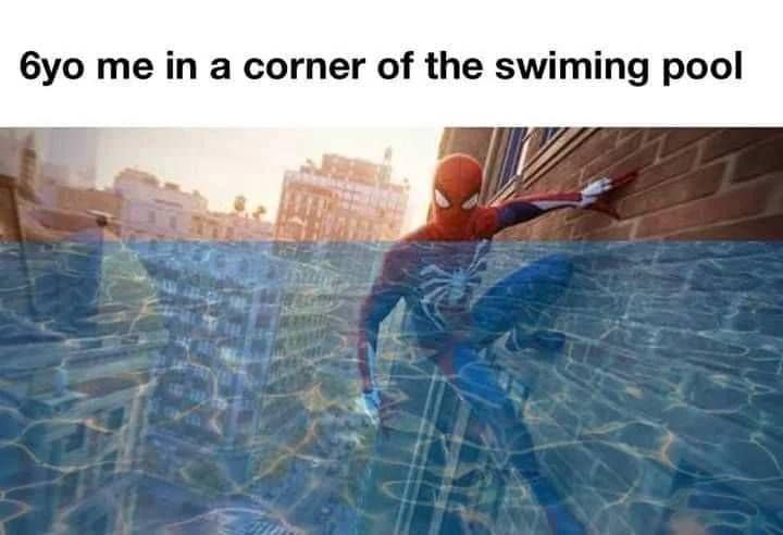 A classic meme using Spider-Man clinging to a wall underwater to represent childhood pool behavior.