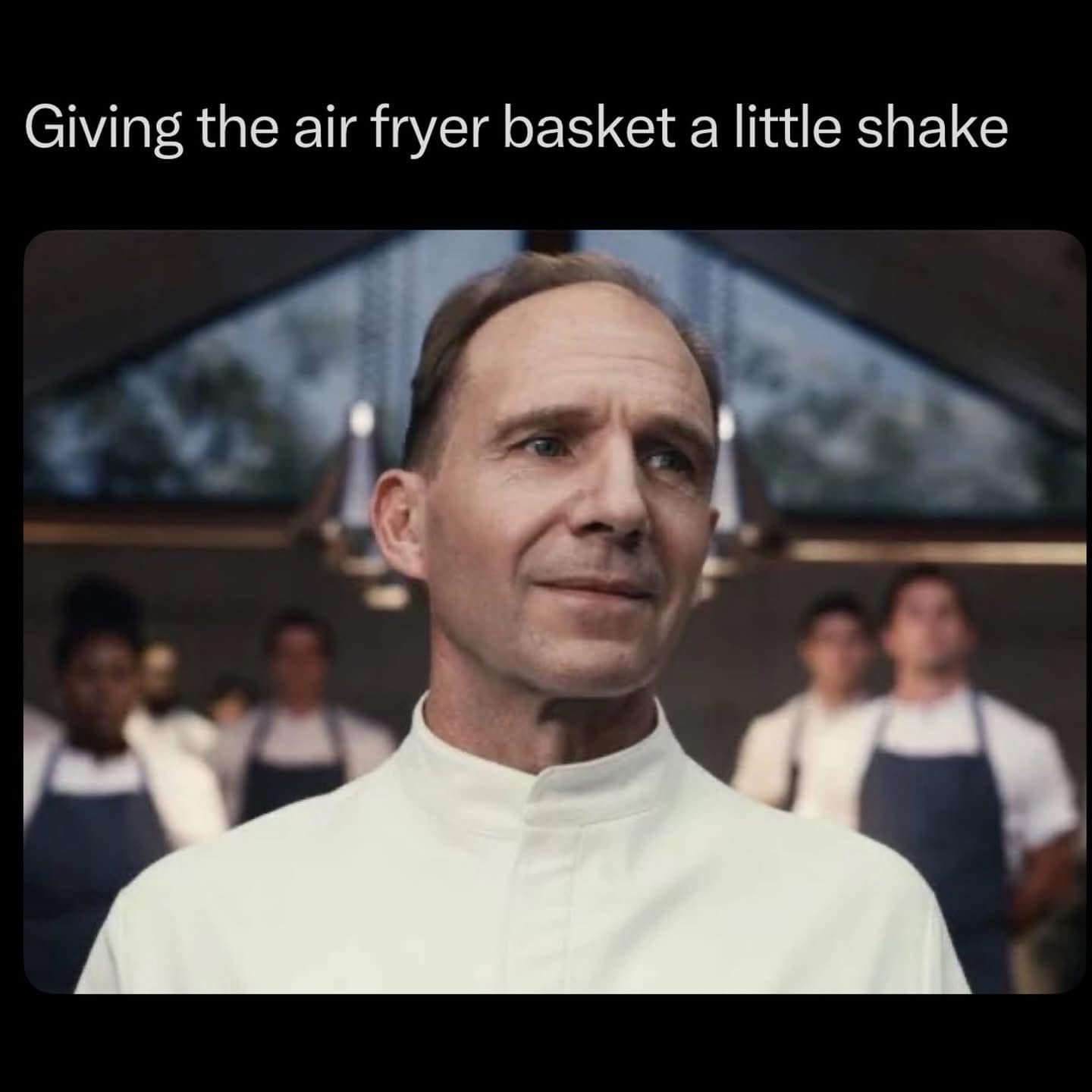 A classic meme using Ralph Fiennes from 'The Menu' to represent shaking an air fryer basket.