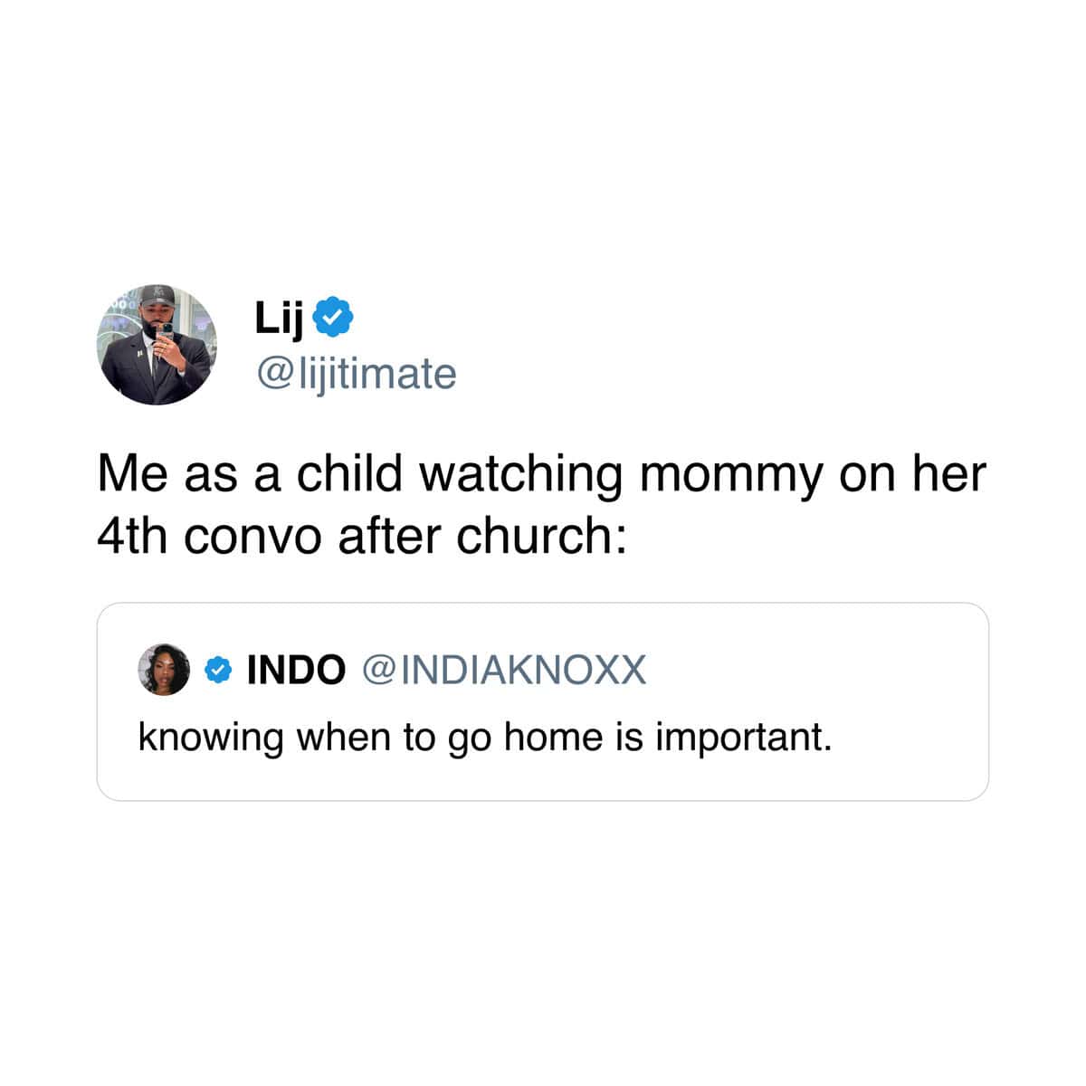 A tweet about wanting to go home after church, a relatable example of funny comments on Twitter.