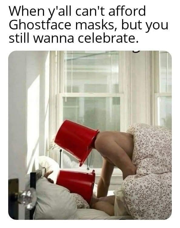 A cursed Halloween meme showing two people using red buckets as makeshift Ghostface masks in bed.