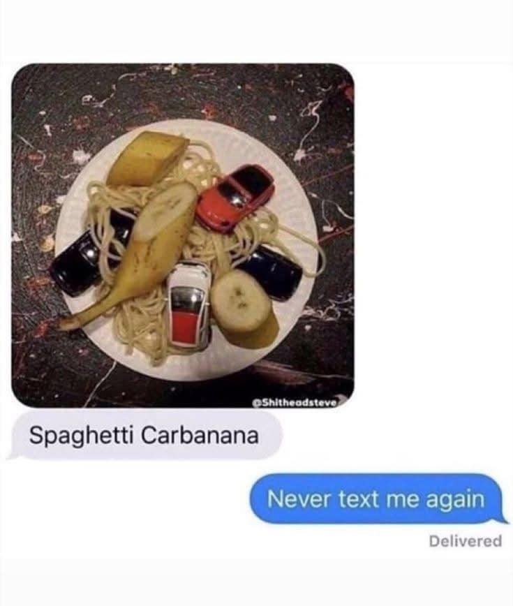A cursed text message exchange featuring a plate of "Spaghetti Carbanana" with toy cars and a banana.