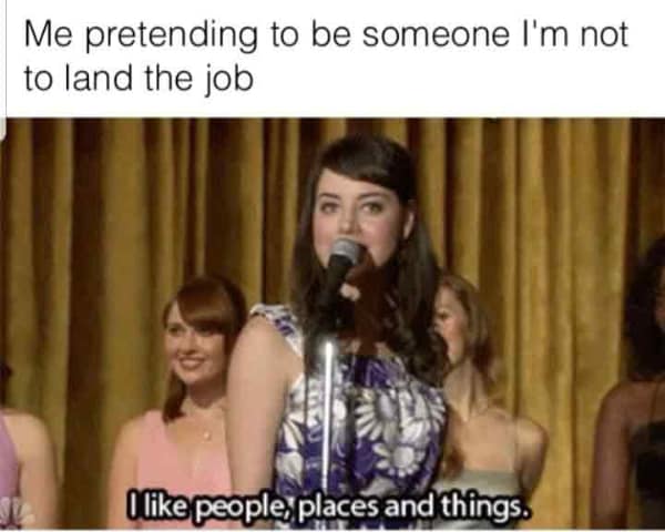 A funny work meme using Aubrey Plaza from Parks and Rec to represent giving generic answers in a job interview.