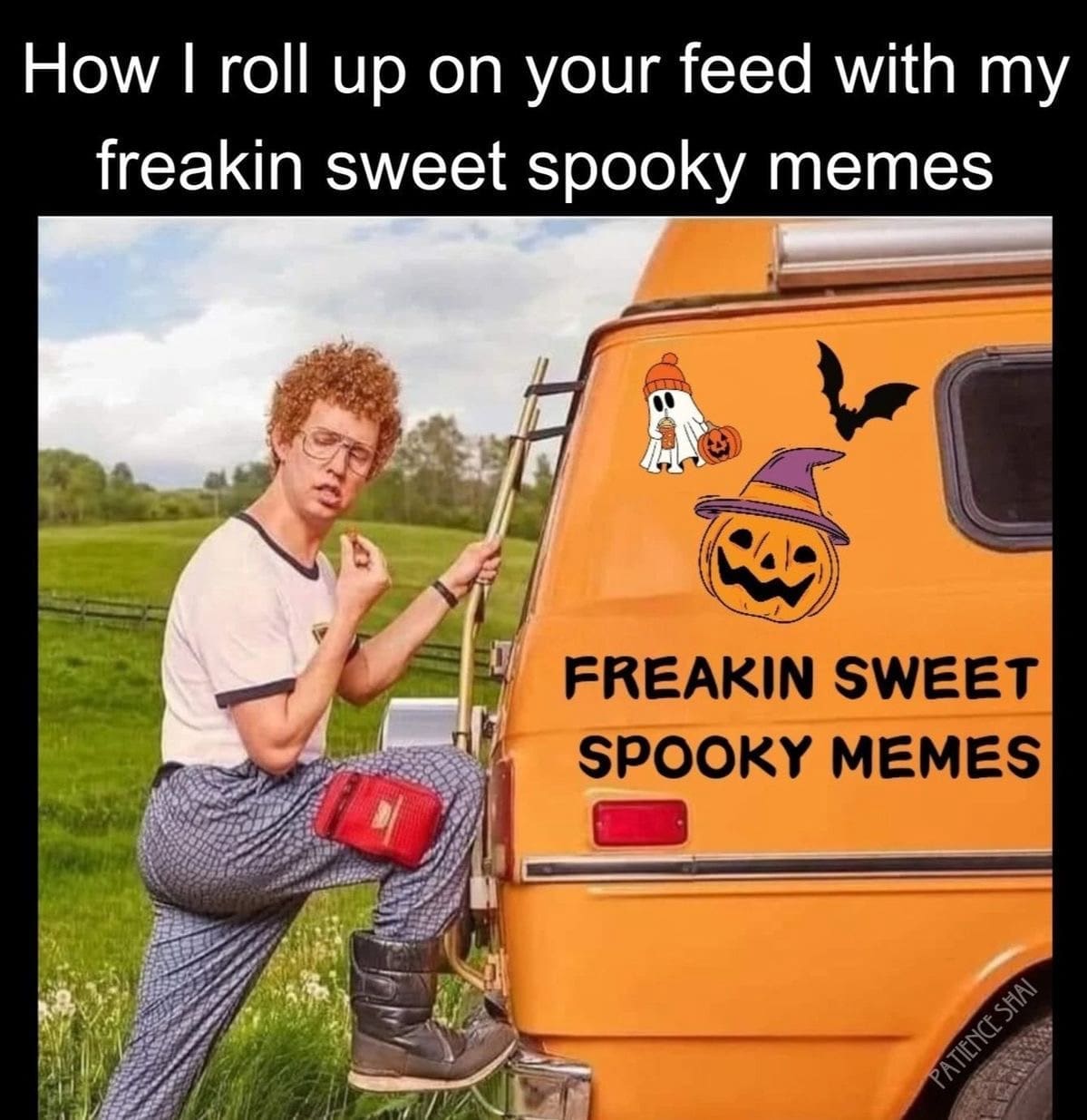 A Napoleon Dynamite "freakin sweet" halloween meme about showing up on Halloween to share spooky memes.