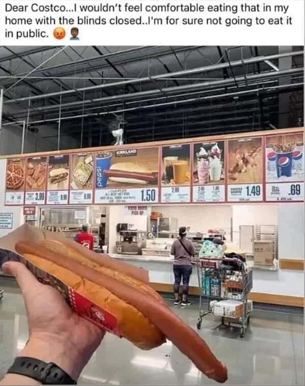 A hilarious meme about the intimidatingly long Costco hot dog, joking it's not suitable for public consumption