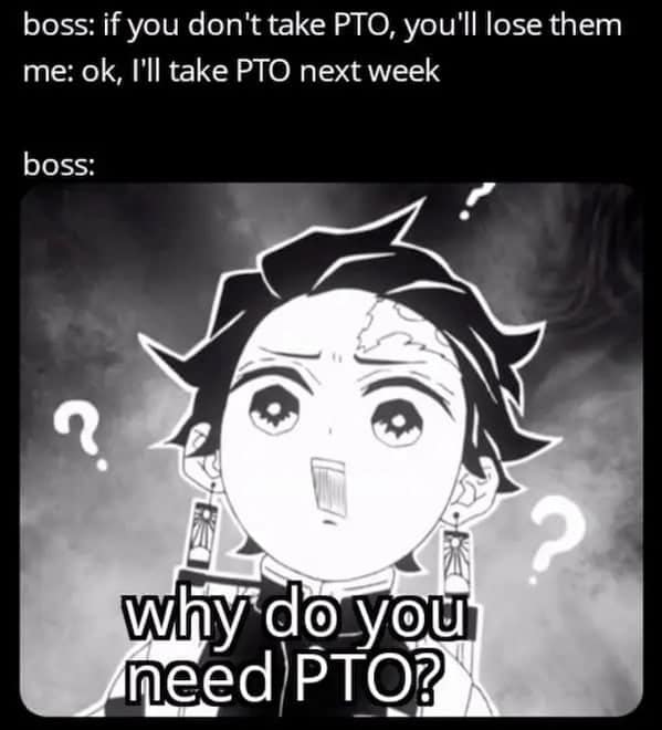 Anime meme showing confused reaction to boss logic about using or losing vacation days.