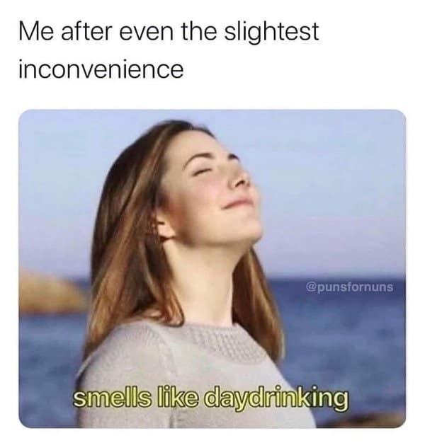 A classic meme of a woman saying "smells like daydrinking" in response to a slight inconvenience.