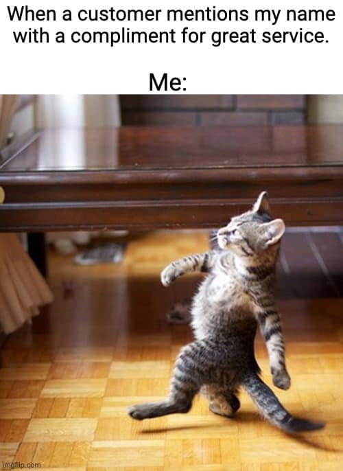 A funny customer service meme of a cat strutting proudly after getting a compliment by name.
