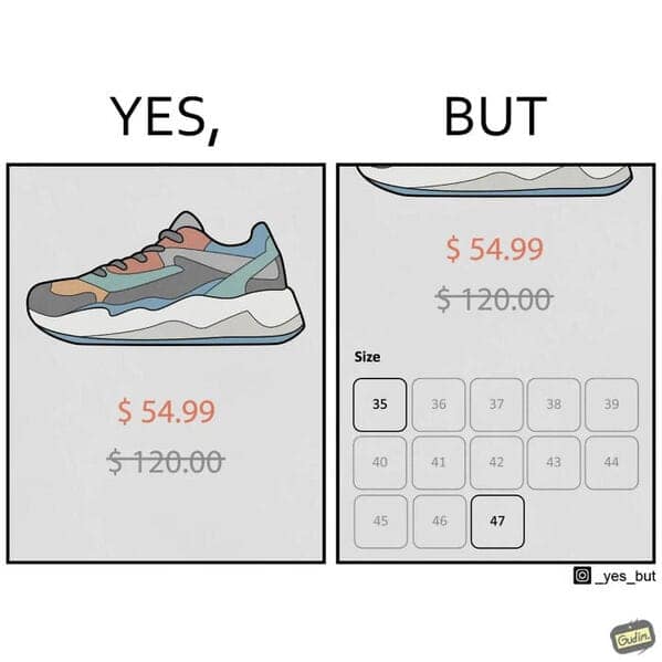 funny online web comic showing deceptive sneaker pricing based on shoe size.