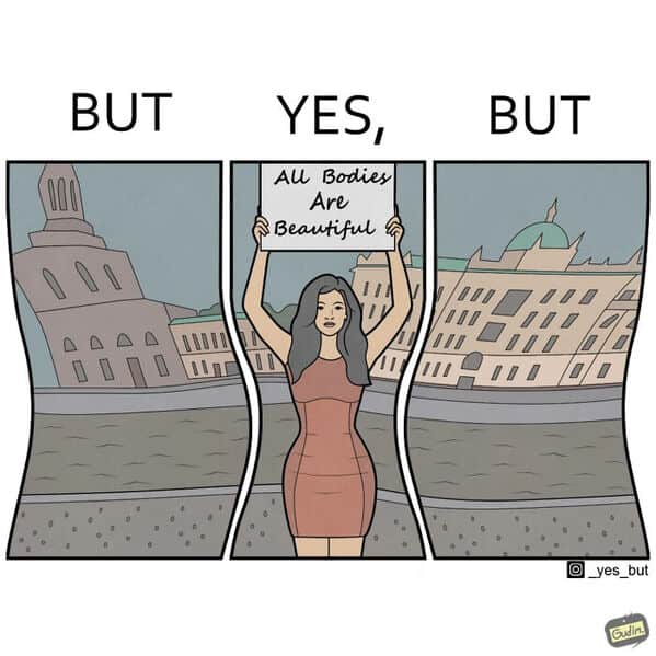 funny online web comic exposing the irony of editing photos about body positivity.