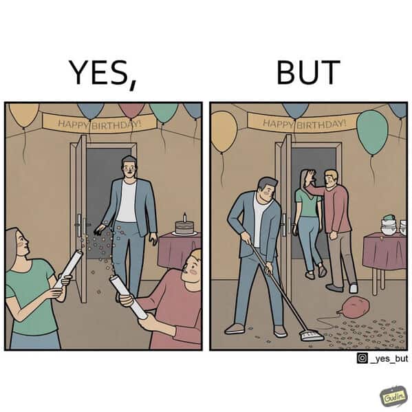 funny online web comic regarding the immediate cleanup required after a surprise party.
