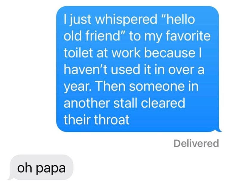 Text message screenshot about whispering to a toilet while a coworker hears everything in the stall.
