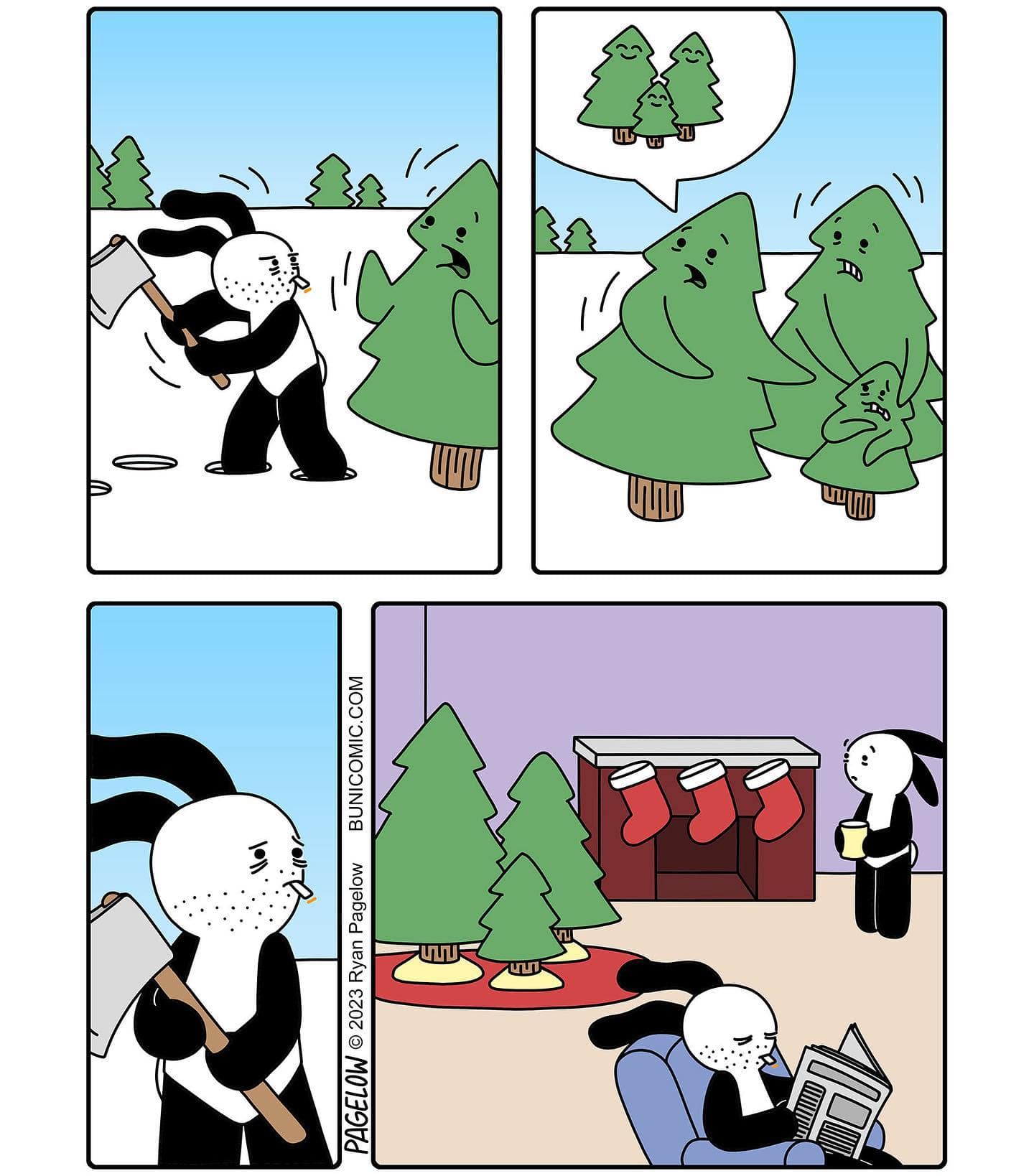 Bunny chopping down tree and reading by fireplace while other trees watch in horror.