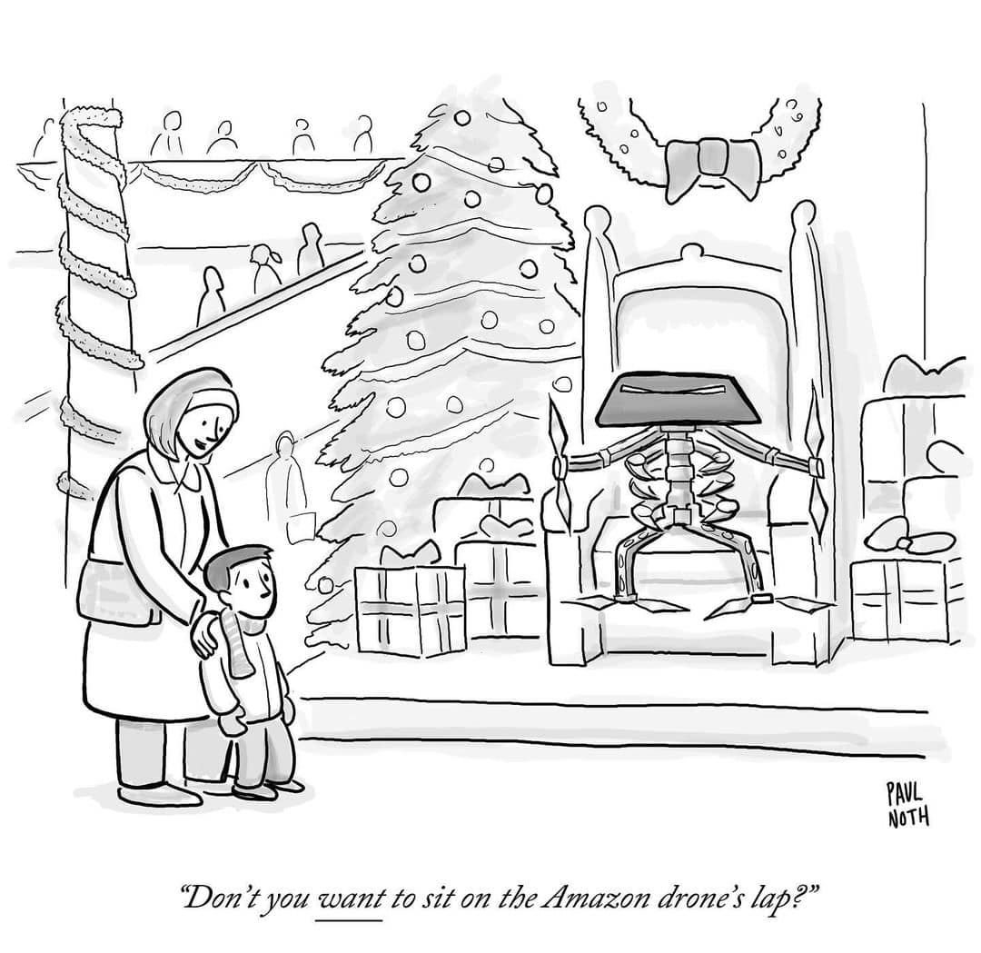 Mother and child looking at skeletal robot Santa drone on throne.