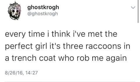 A viral tweet classic meme about dating three raccoons in a trench coat.