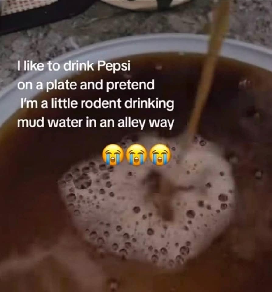 Pepsi on a plate with straw pretending to be a rodent funny meme.