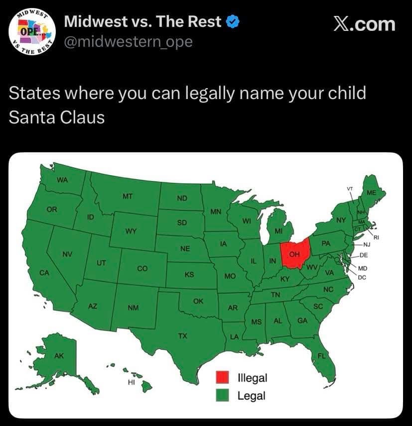Map of the United States highlighting Ohio as the only state where naming a child Santa Claus is illegal.