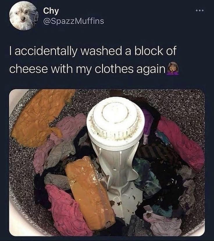 Photo of cheddar cheese block inside a washing machine funny memes.