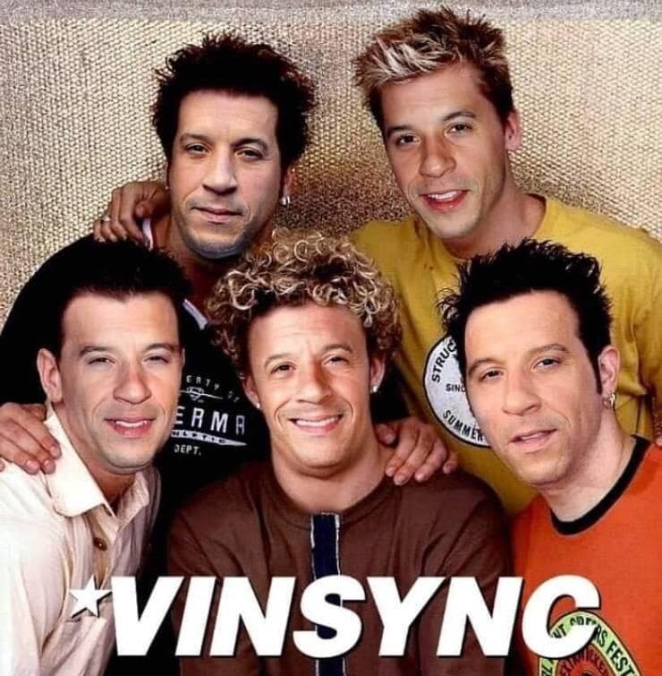 Photoshop of NSYNC band members with Vin Diesel faces and text reading Vinsync.