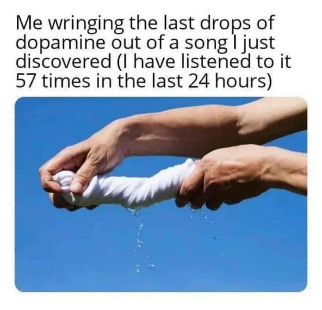 Hands twisting towel representing squeezing dopamine from favorite song funny pics.