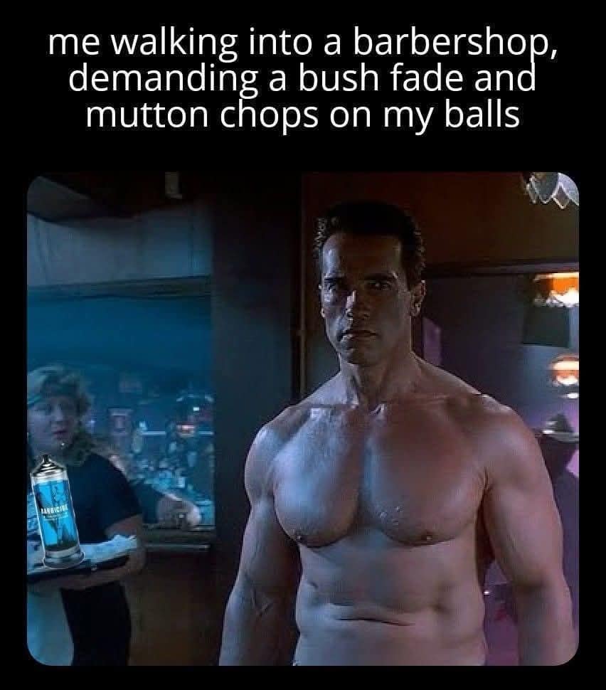 Arnold Schwarzenegger meme about confidently demanding a very specific and inappropriate grooming service.