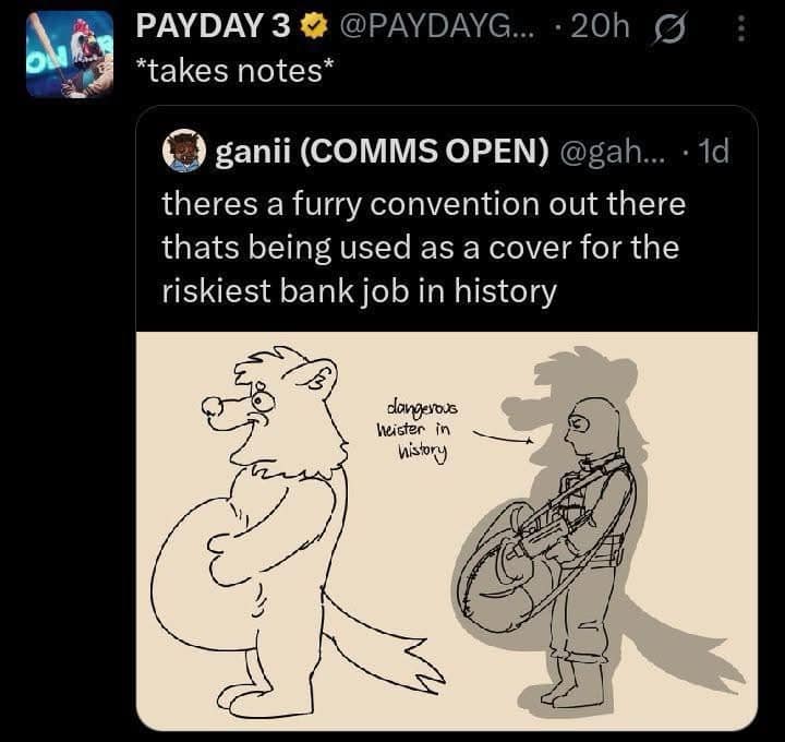 Diagram showing a bank robber hiding a rifle and money bag inside a furry costume.