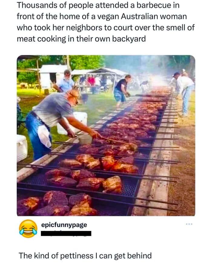 Massive community barbecue organized outside the home of a vegan who sued neighbors for meat smells.