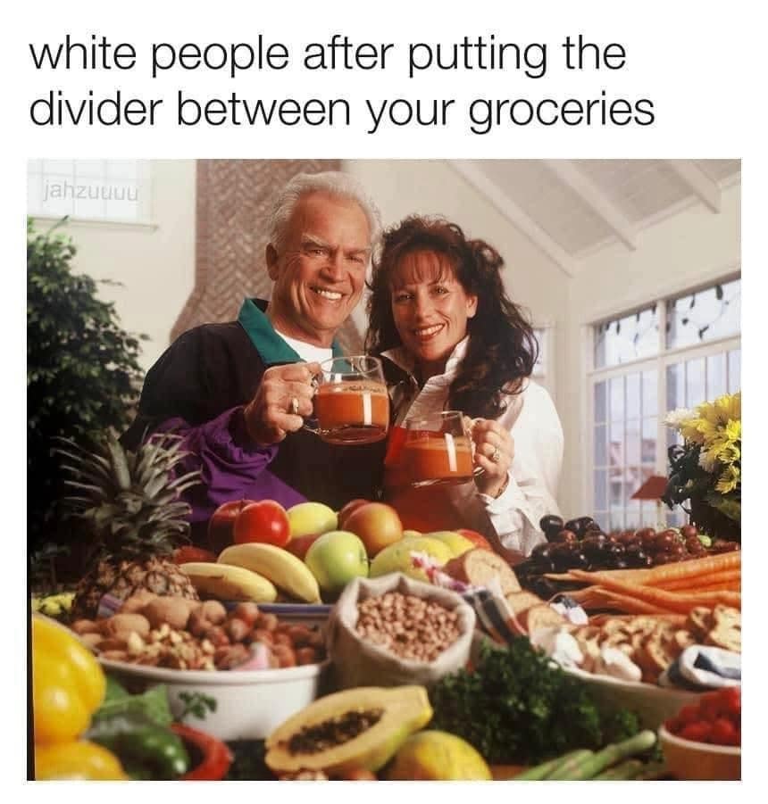 Stock photo of smiling couple toasting juice captioned about using grocery checkout dividers.