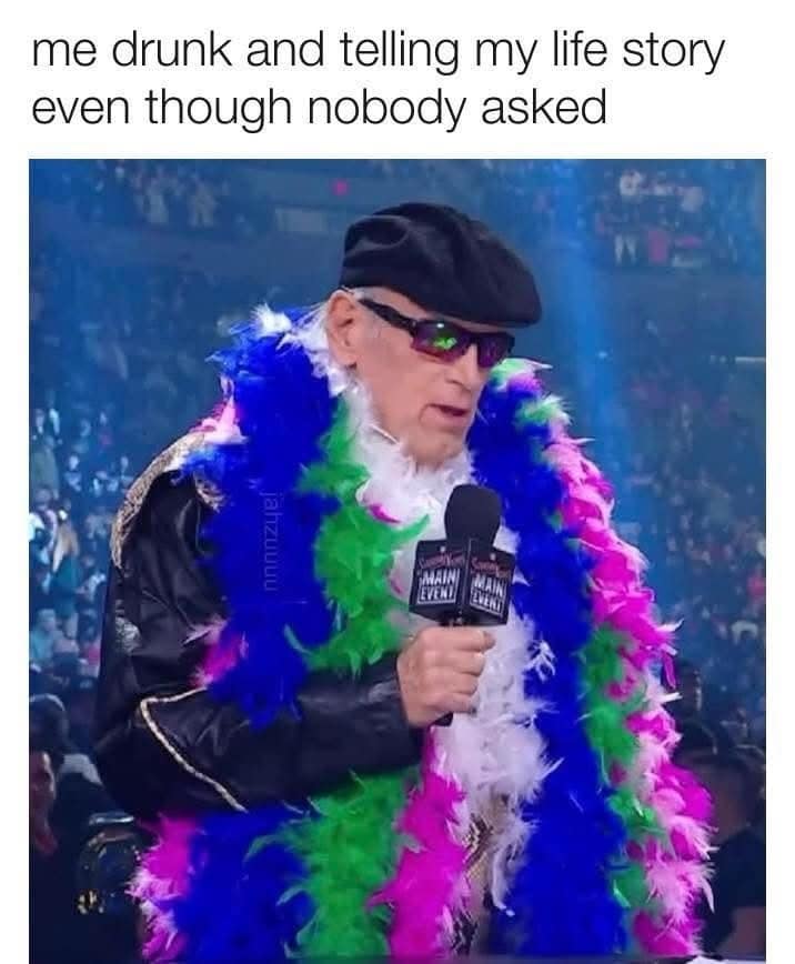 Jesse Ventura wearing a feather boa representing a drunk person oversharing their life story.